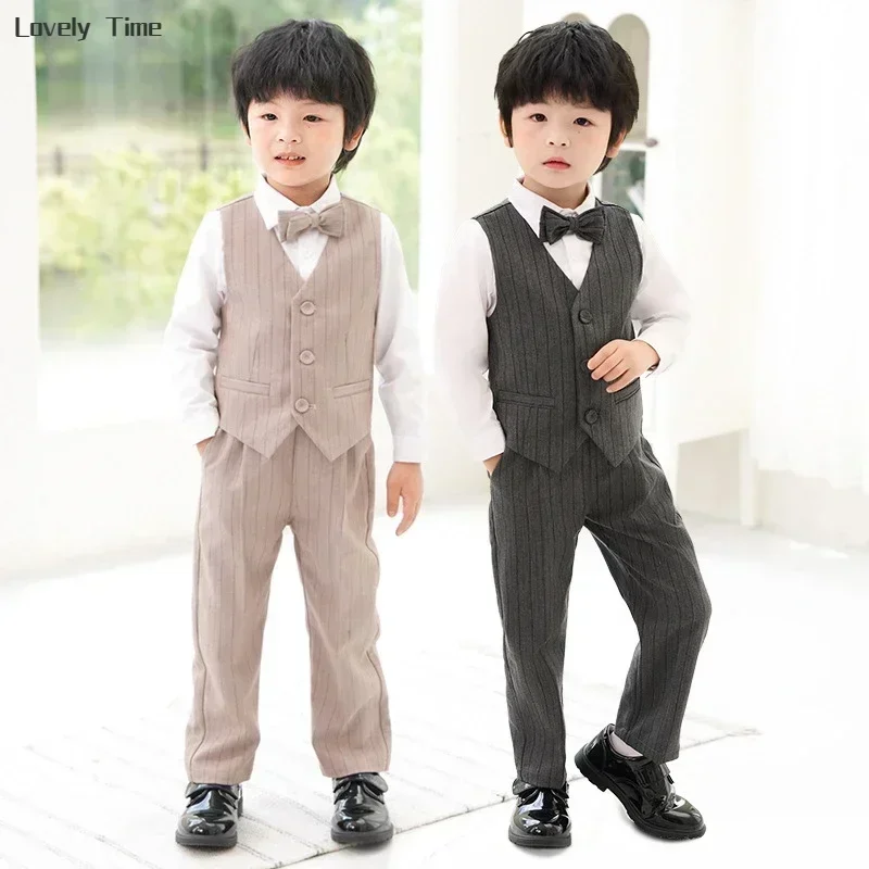 Kids Waistcoat Shirt Pants Wedding Clothes Sets Boys Stripe Vest Suits Children Gentlemen Outfits Toddler Party Formal Dress