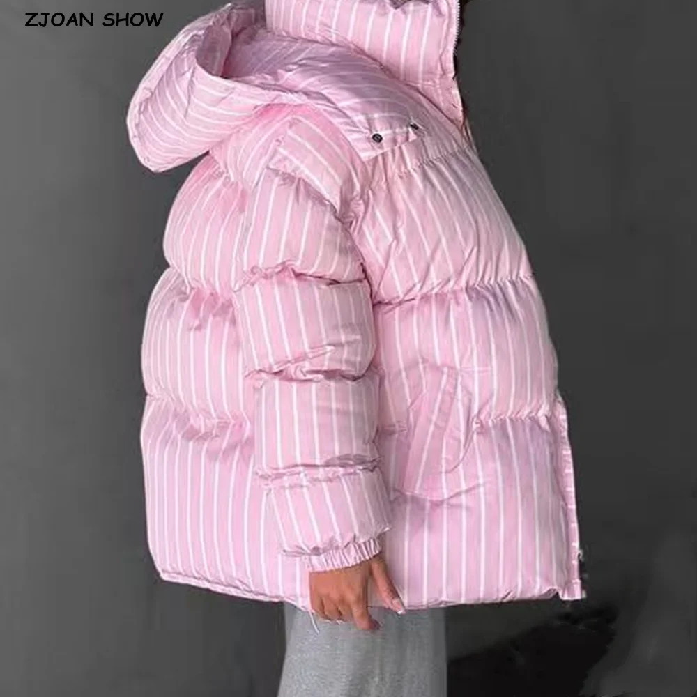 

New Winter Fashion Women Pink Stripes Zip up Bread Parka Coat for Woman Removable Hat Hooded Long Sleeve Outerwear