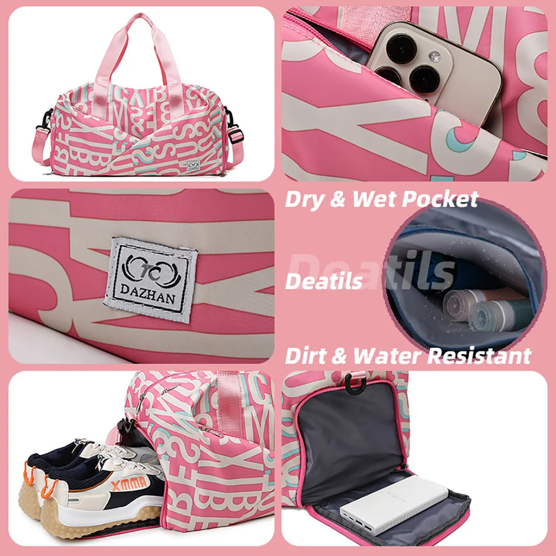 Weekender Letter Pink Gym Overnight Travel Custom Logo Sport Waterproof Sac Duffel Dry Wet Tote Bag Shoe Compartment Women