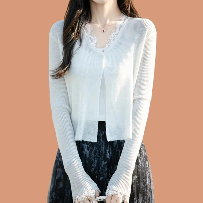 

Вязаный свитер-кардиган женский, новый, с длинным рукавом, V-образным вырезом, белый, с кружевом, вязаный кардиган, женские топы, женская одежда Q3468