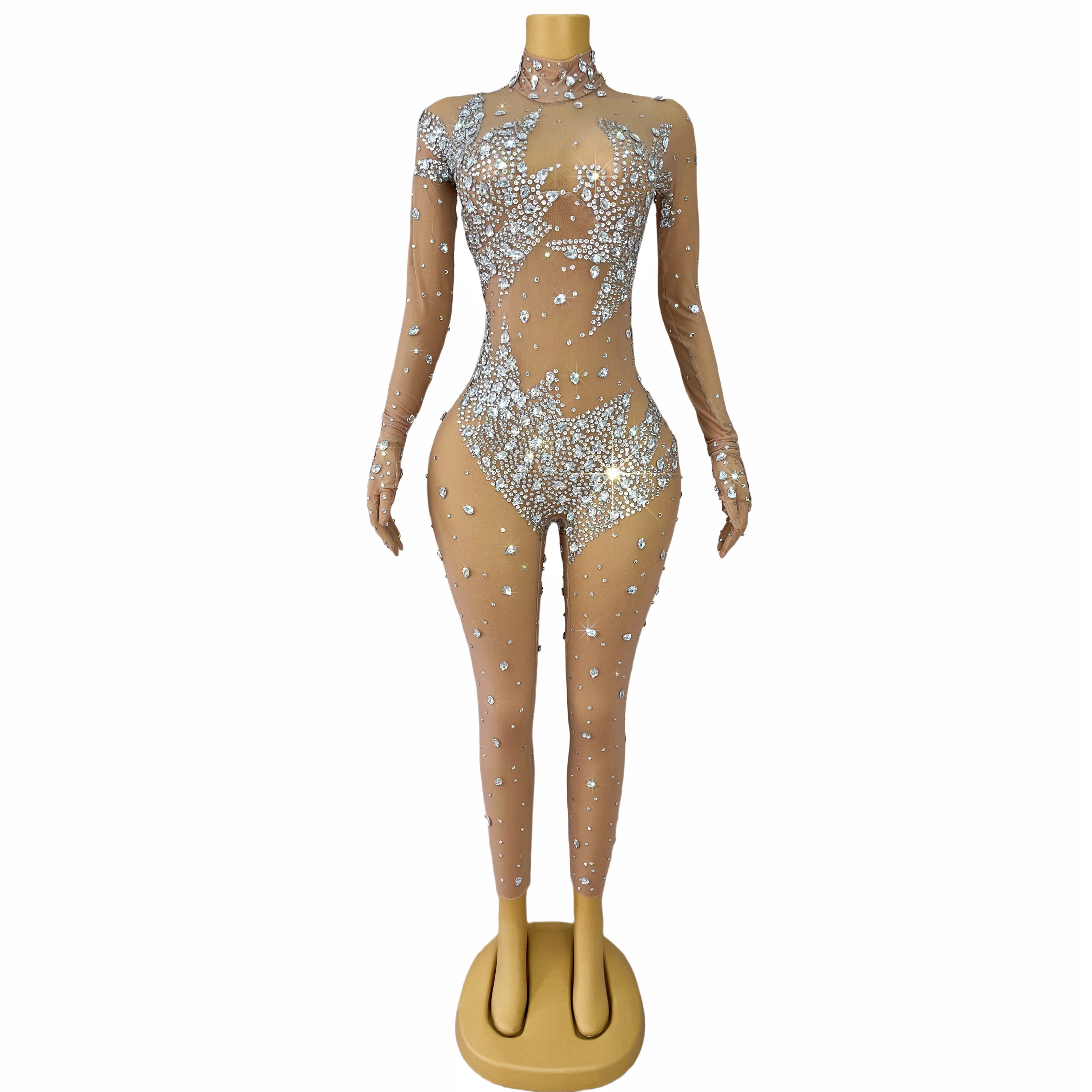 Luxury Handmade Sparkly Rhinestones Bodysuit Sexy Nude Mesh Long Sleeves Glove Jumpsuit Dance Show Perform Outfit Lianhuaban