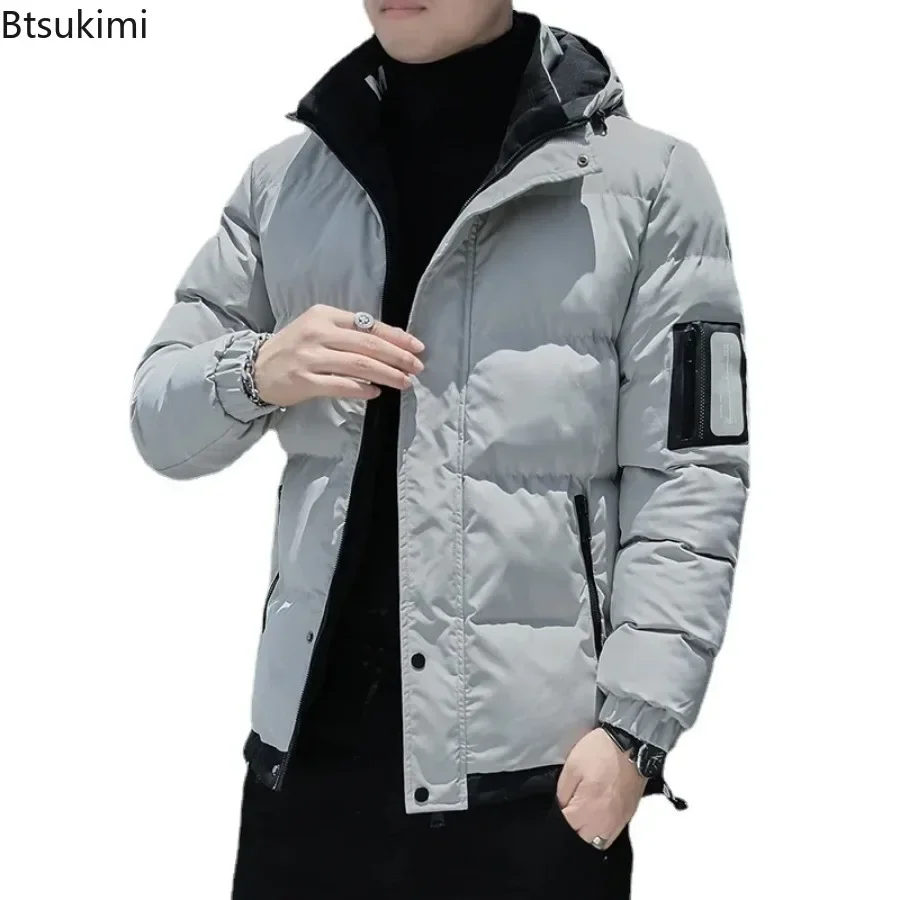 2024 Winter Korean Style Parkas Men\'s Puffer Jacket Long Sleeve Hooded Coats Bomber Jacket Thicker Warm Zipper Outerwear for Men