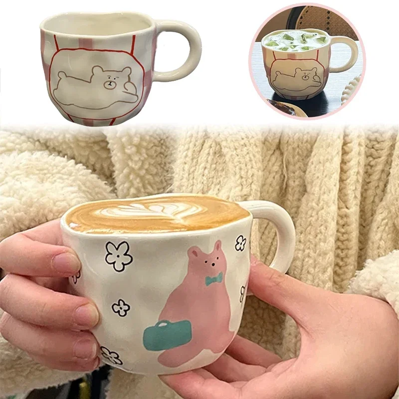 Copo de chá cerâmico pintado à mão Urso super bonito dos desenhos animados caneca de café de grande capacidade, Home Office Kitchen Bar Presente