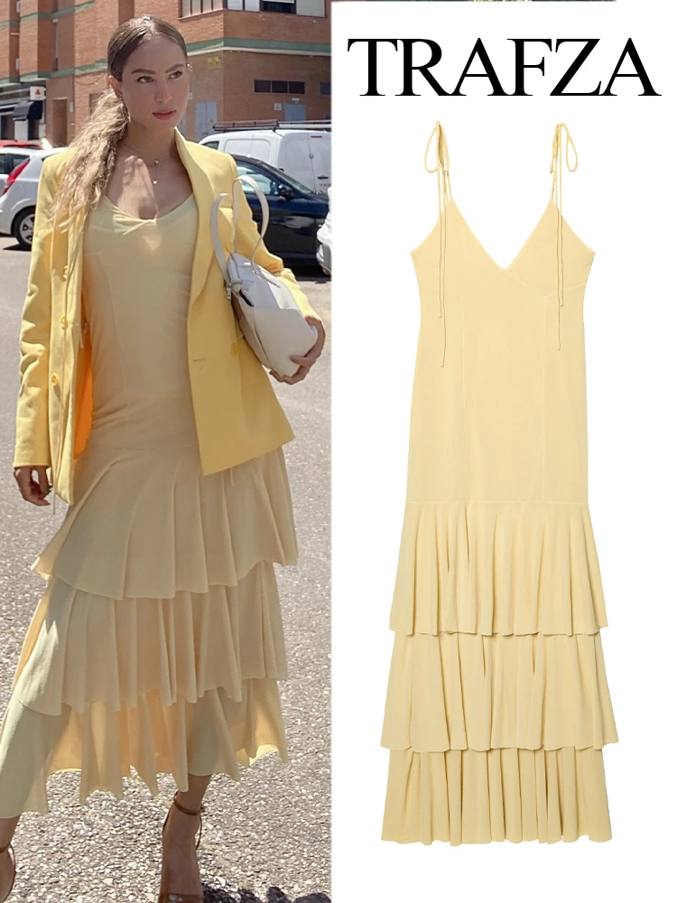 Hh feminino verão nova moda sexy em camadas decoração com decote em v sem mangas midi vestido feminino temperamento fino estilingue vestido longo