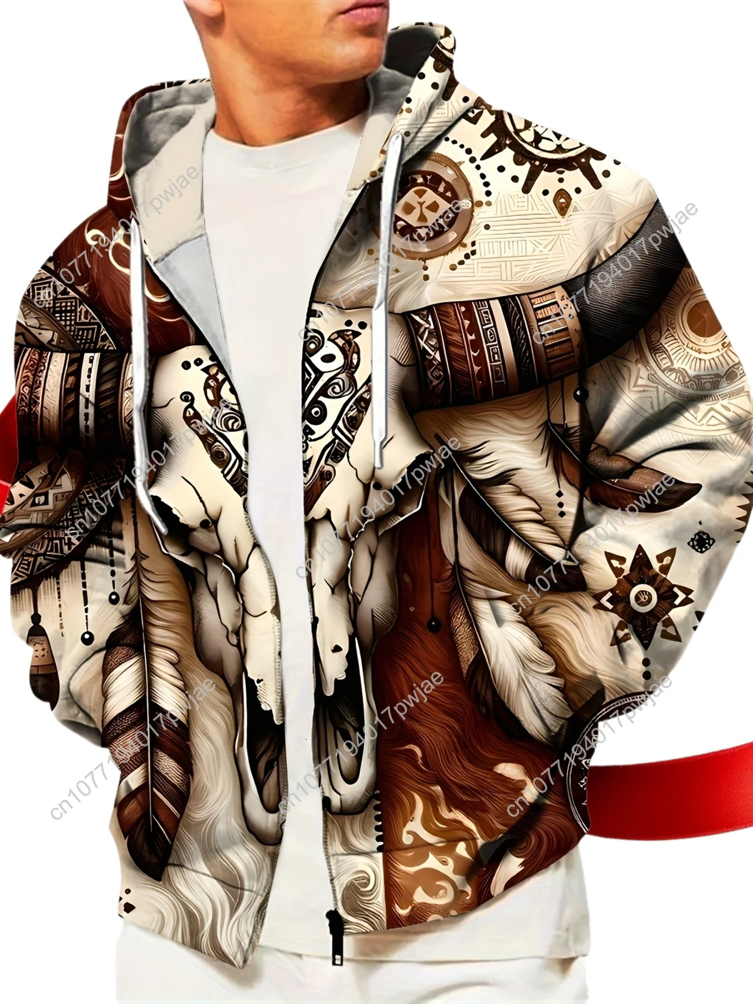 Veste à capuche à imprimé géométrique pour hommes, nouveauté, fermeture éclair décontractée en polyester avec plumes et attrape-rêves, lavable en machine, Perf