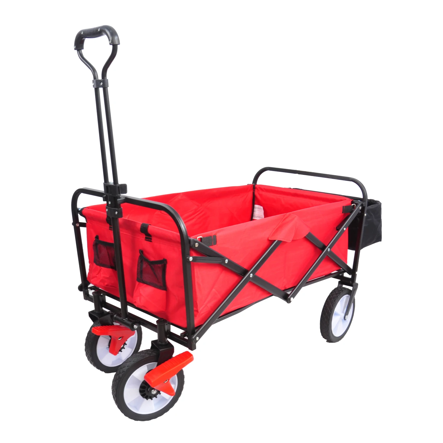 Folding station wagon garden shopping ATV with back frame and retractable handle.