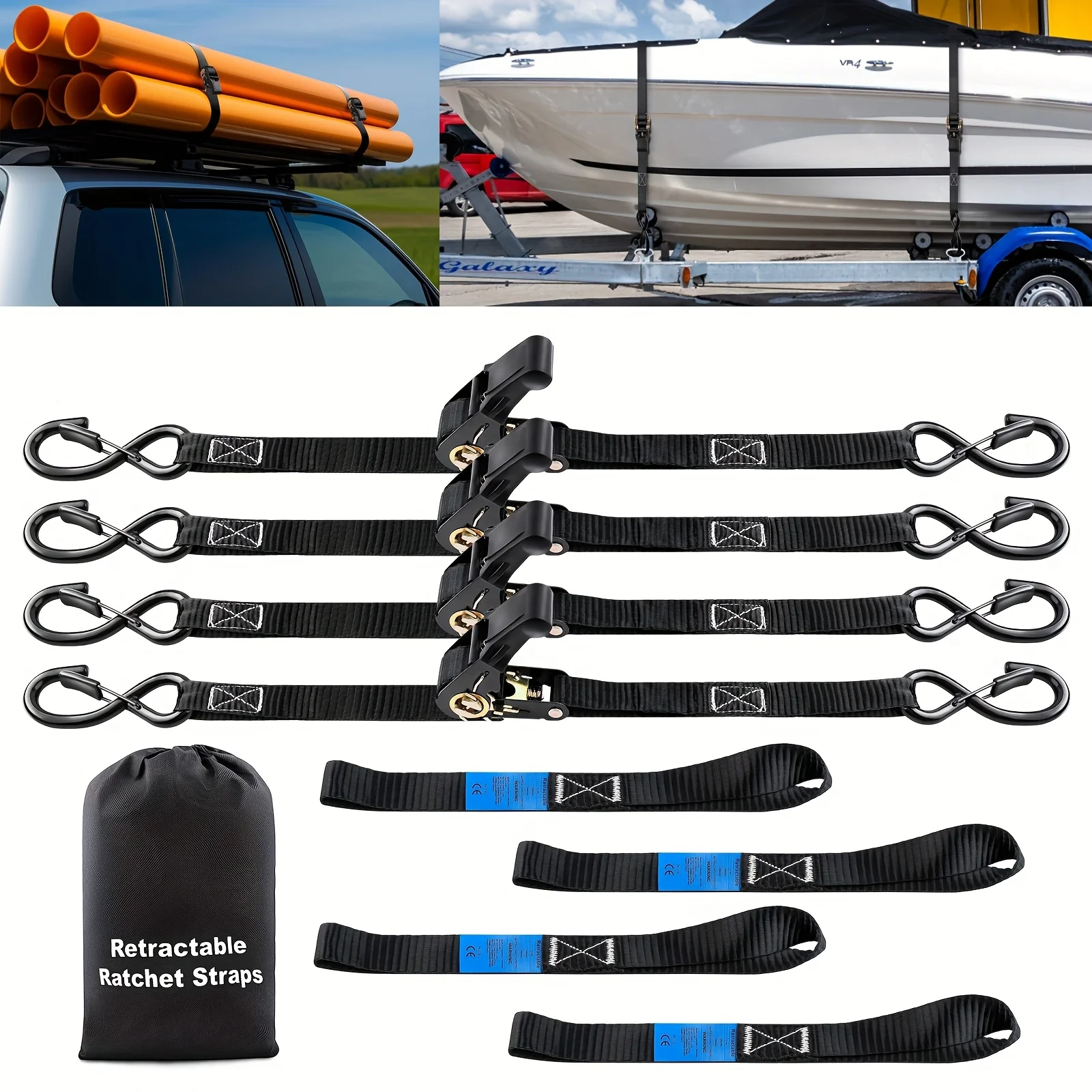 

4pcs Ratchet Straps Heavy Duty 15ft 1800 LB Break Strength Ratchet Tie Down with Safety Lock S Hooks and Soft Loop Tie Down