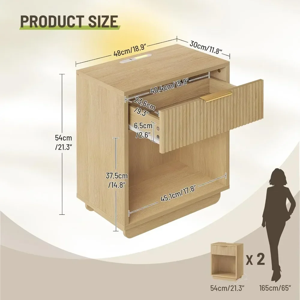 Modern Fluted End Table Duo for Bedroom, USB LED Night Light Charging Ports, Drawer and Shelf view 2