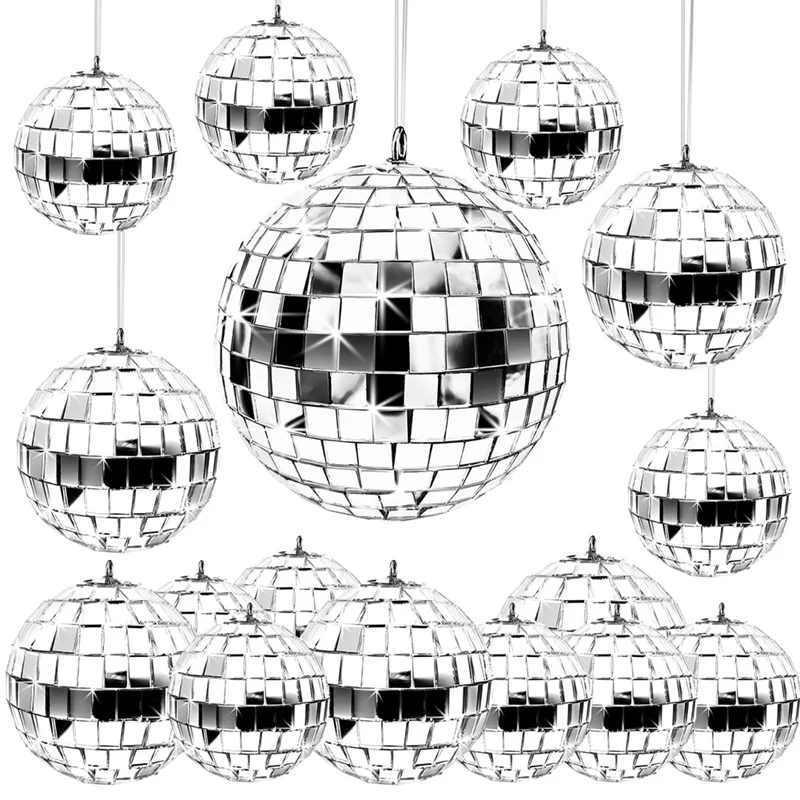 ABNO-24 Pcs Mirror Disco Ball Hanging, Glass Disco Ball Decor, Silver Disco Decorations, Disco Ball Ornament With Rope