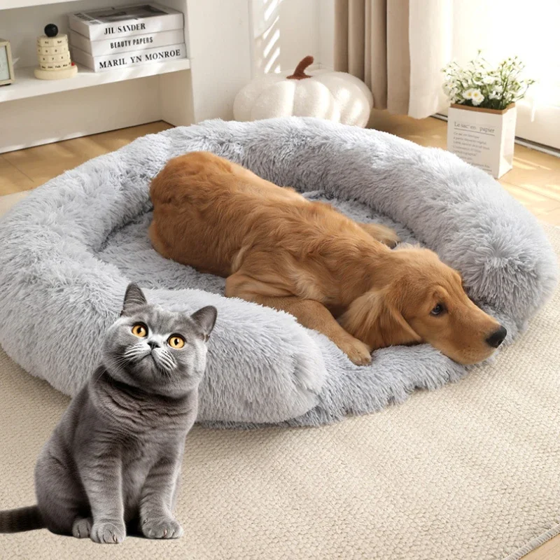 Dogs Cats Bed Mat Long Plush Round Pet Kennel Sofa Cushion for Small Mediun Dogs Winter Warm Pet Deep Sleeping Beds Supplies