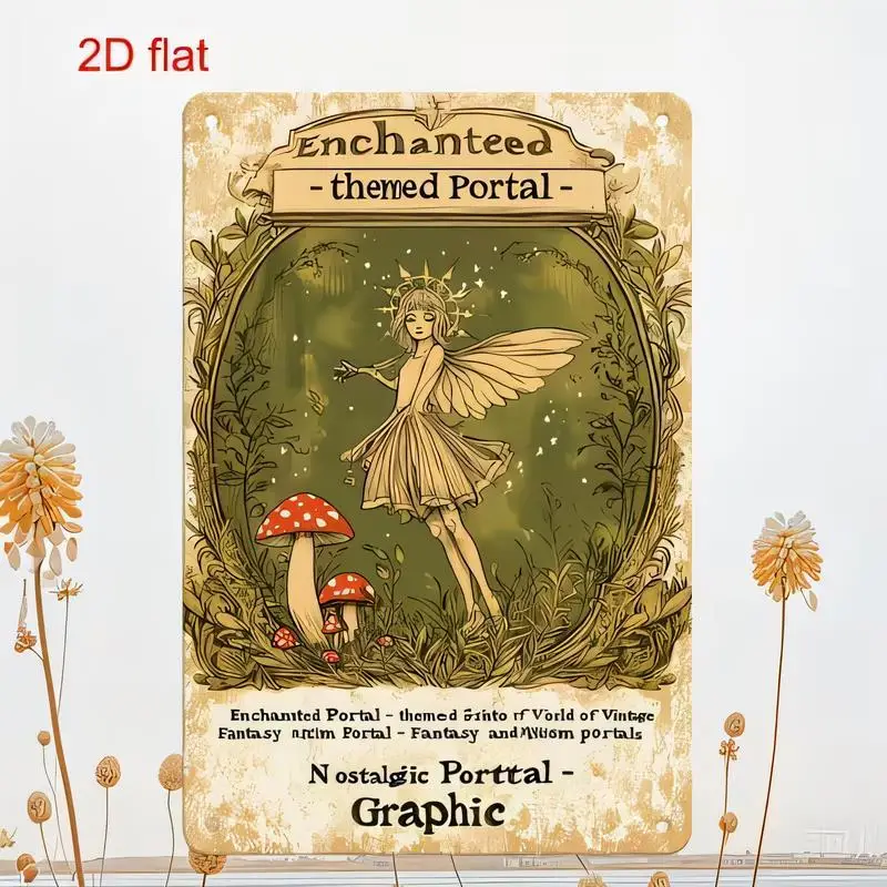 2D Flat Enchanted Fairy & Red Mushrooms Vintage Metal Tin Sign - Nostalgic Fantasy Wall Art, Iron, Perfect for Home, Cafes, Fant