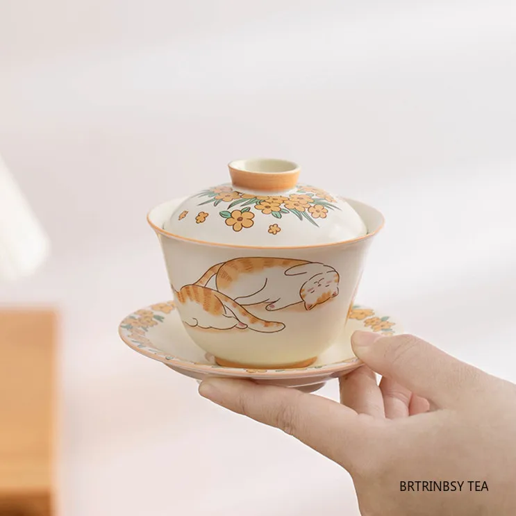 

Chinese Hand-painted Cute Cat Gaiwan Handmade Ceramic Tea Tureen Teacup Household Tea Bowl Travel Portable Tea Set Accessories