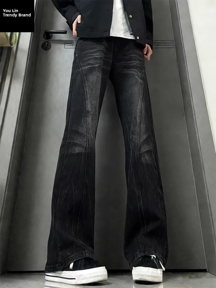 

Black Lightning Pattern Diagonal Cut High Waist Men's Jeans Straight Leg Micro Flared Pants American Vibe Casual Denim Jeans