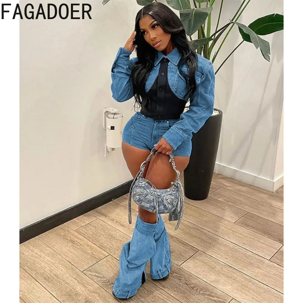 FAGADOER Fashion Denim Splicing Shorts Two Piece Sets Women Turndown Collar Button Long Sleeve Crop Top And Shorts Cowboy Outfit