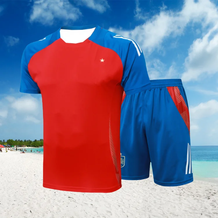 

2425 Spain Red Training Jersey Short-sleeved National Team Warm-up Football Jersey Crew Neck T-shirt Fan Version Shorts Men
