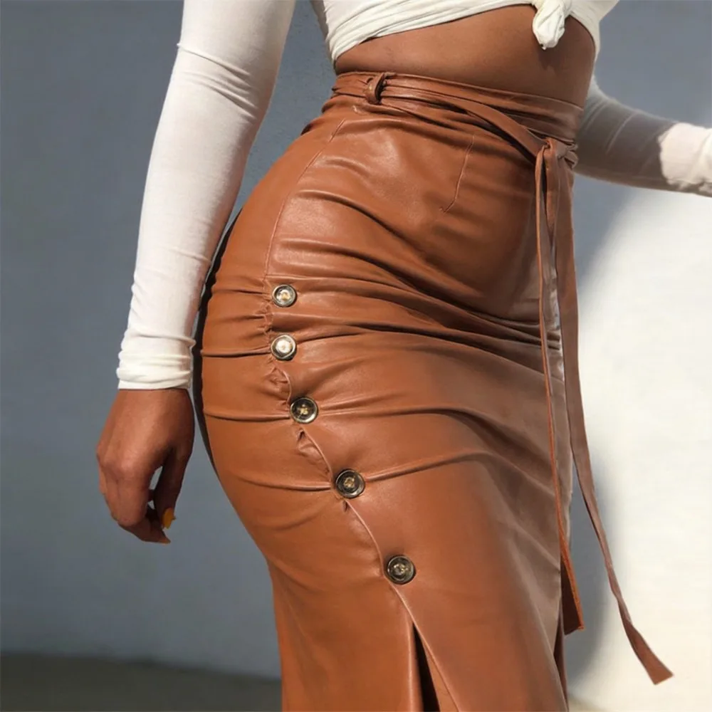 European American PU Leather Skirt Women Autumn New Bodycon Midi Skirt Street Style Split Patchwork Black Camel Wine Red