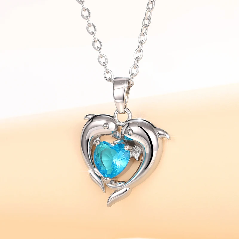 Huitan Couple Dolphin with Blue Heart CZ Necklace Women Chic Bride Wedding Clavicle Chain Necklaces Fancy Gift Statement Jewelry