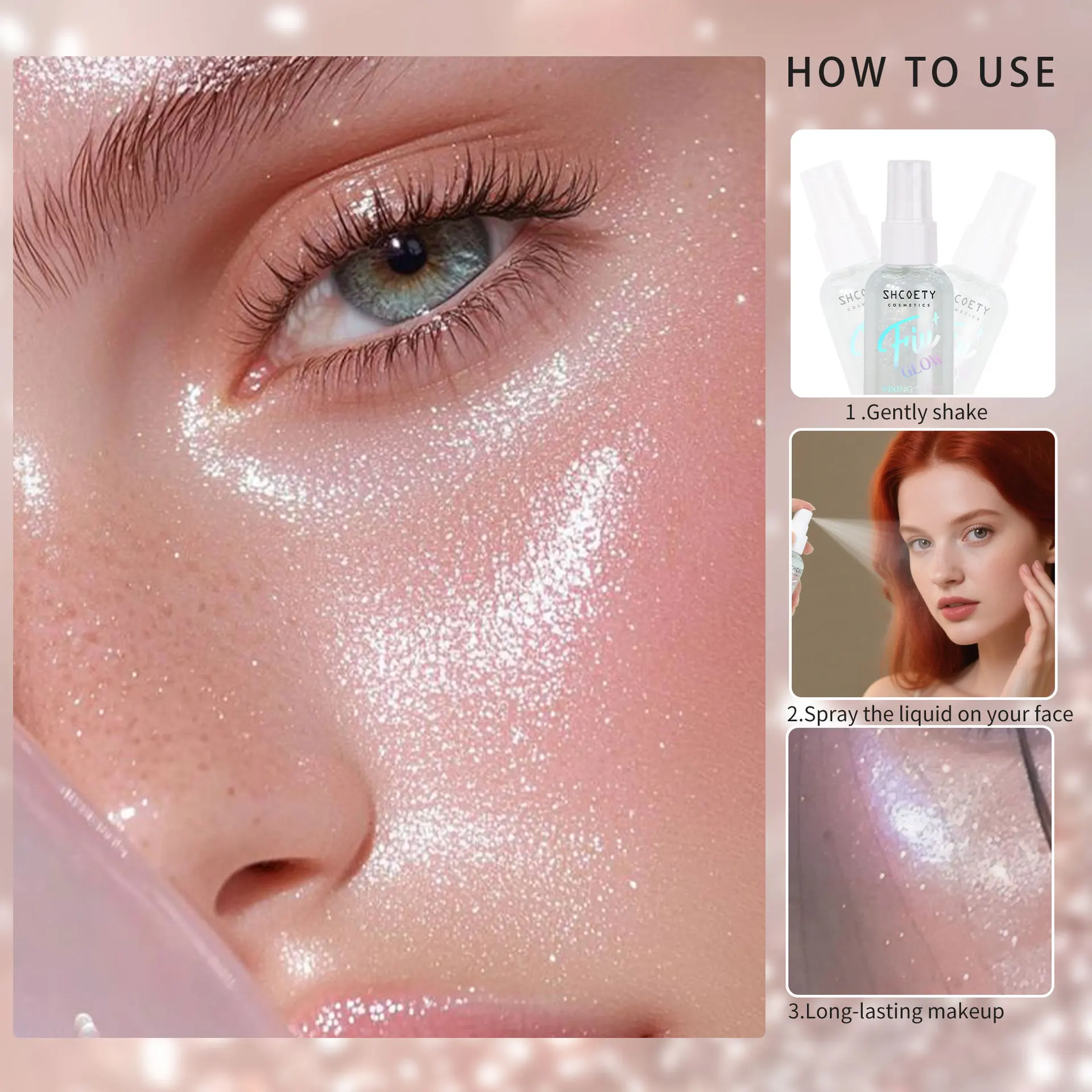 クイックサンドメイクアップセッティングスプレー、オイルコントロール保湿、18時間持続するトナーセットメイク、パールのような輝きを放つグリッター