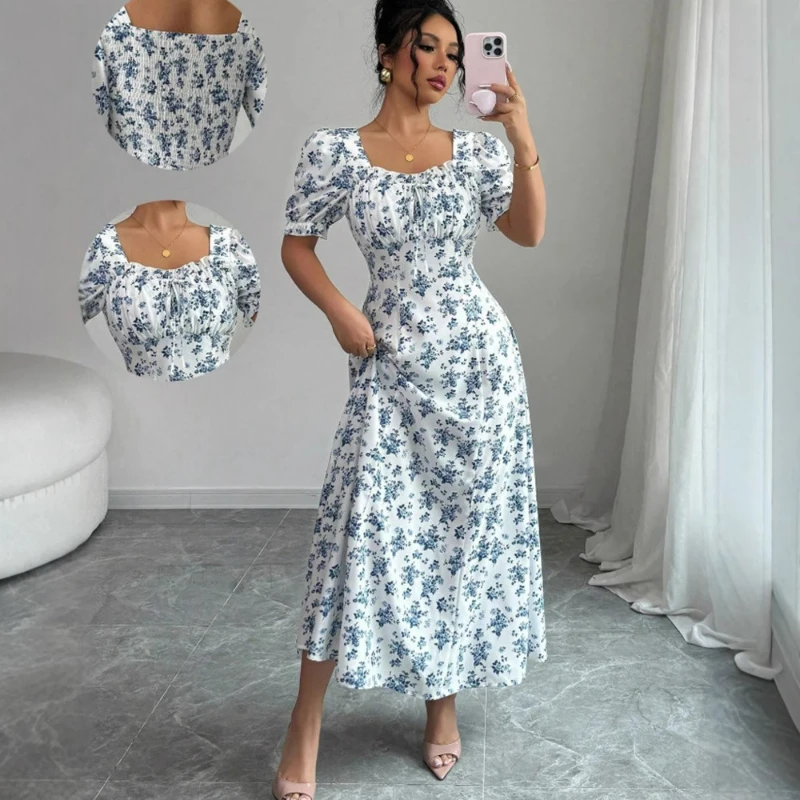 فستان نسائي مطبوع بأكمام منتفخة بقصة ضيقة وياقة مربعة فساتين طويلة مكشكشة أنيقة للسيدات فساتين على شكل حرف A غير رسمية 2025