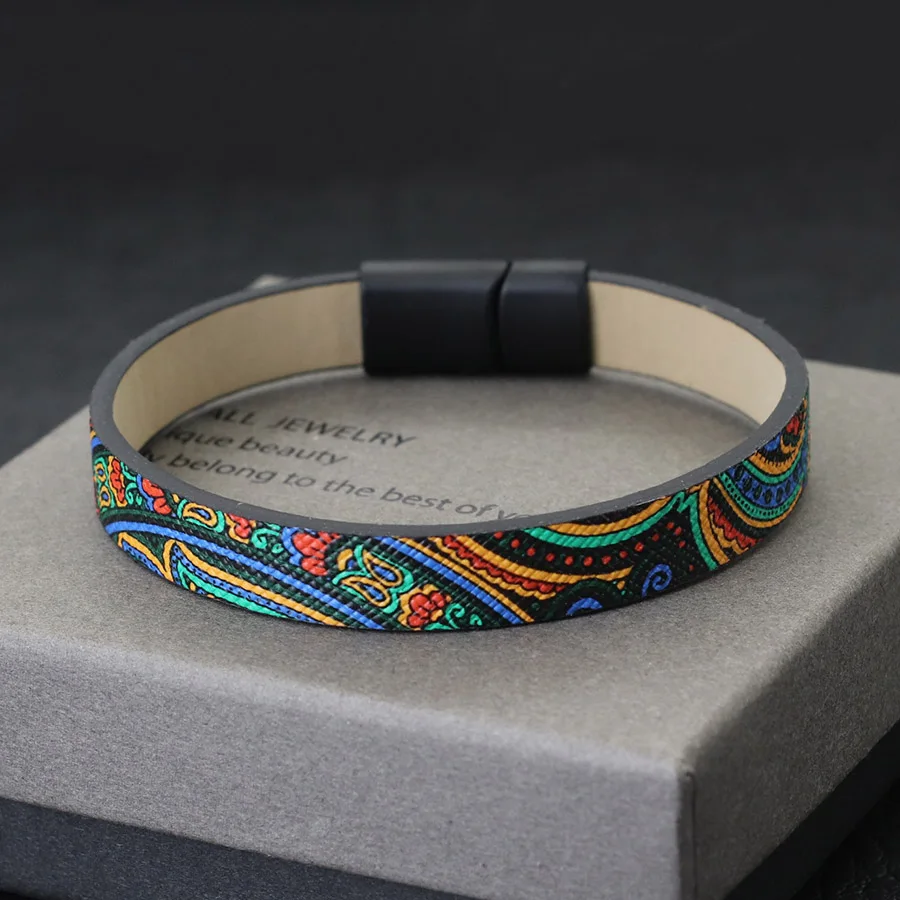 قسط بو الجلود سوار الرجال الأسود انفصال المغناطيس مشبك العرقية 3 ألوان الطباعة أساور الترفيه في الهواء الطلق أوم اليد Joias