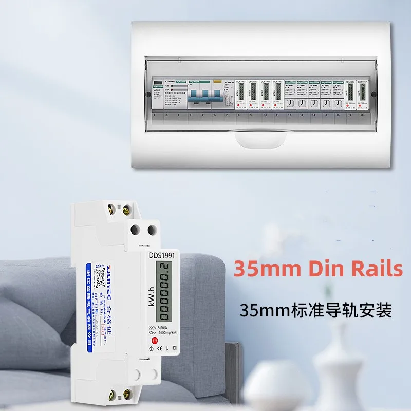 1P Single Phase Digital Wattmeter Power Consumption Analog Energy Meter kWh AC 220V 50Hz 60Hz 60A Rail Type Watt-hour Meter LCD