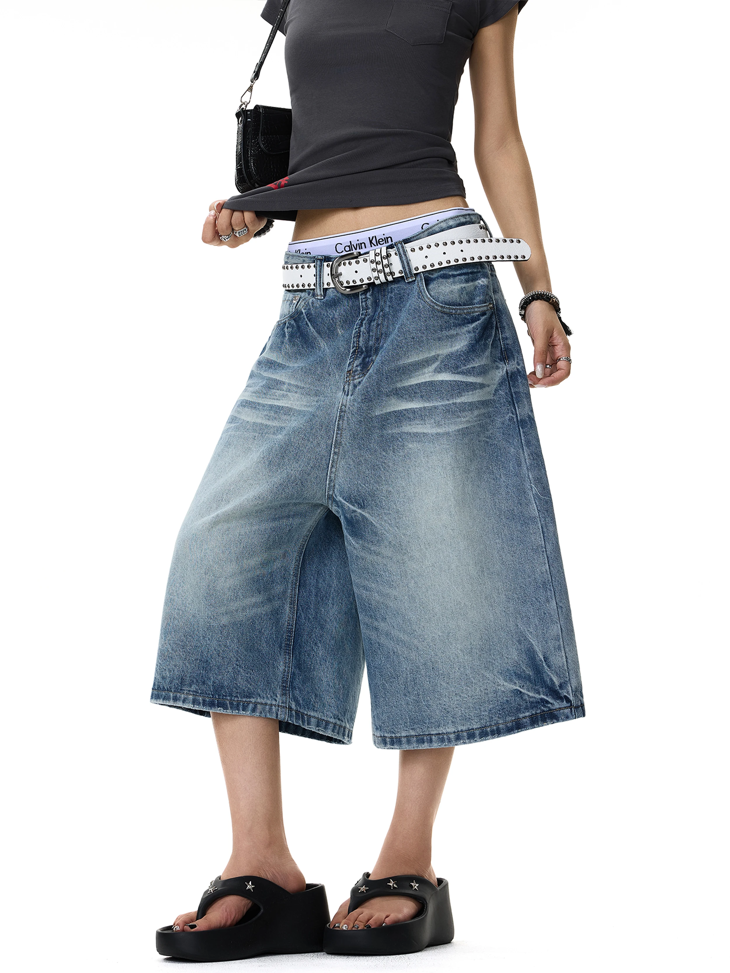 Retro American Washed Distressed Denim Seven-quarter Casual Loose Men's Shorts Summer Versatile Comfortable Breathable Cotton...