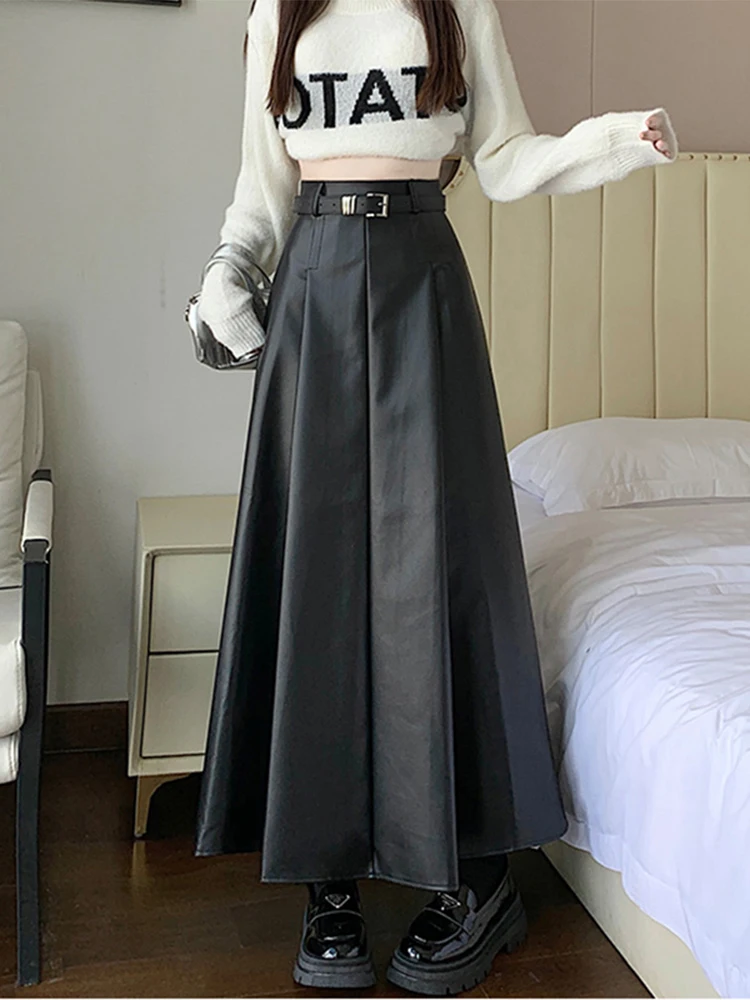 กระโปรงหนัง PU เอวสูงทรงเอ ยาวระดับกลาง สำหรับผู้หญิง สไตล์เกาหลี เหมาะสำหรับใส่ไปทำงาน ฤดูใบไม้ผลิ