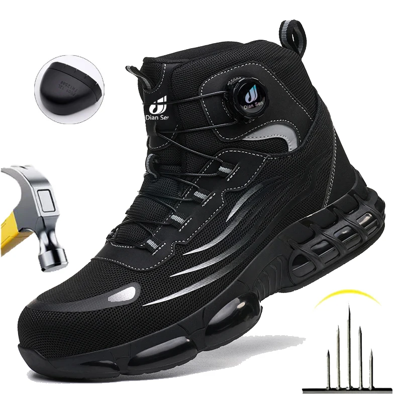 Rotating Button Safety Shoes For Men Steel Toe Boots Anti-Puncture Work Shoes Slip Resistant Sole Sneaker for Construction Site