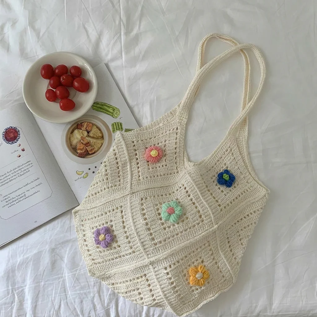 

2026 Summer New Hollow out Knitted Flower Tote Bag Single Shoulder Commute High-End Feeling Large Capacity Business Commuting