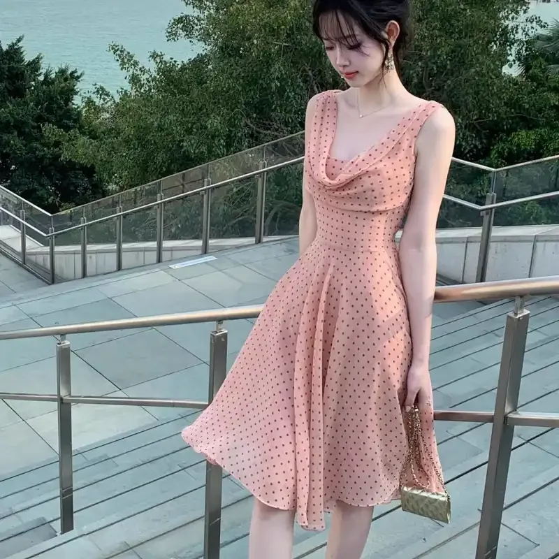 Women Draped Collar Polka Dot Sleeveless Midi Dress Elegant Irregular Flared Hem Summer Sweet Dress