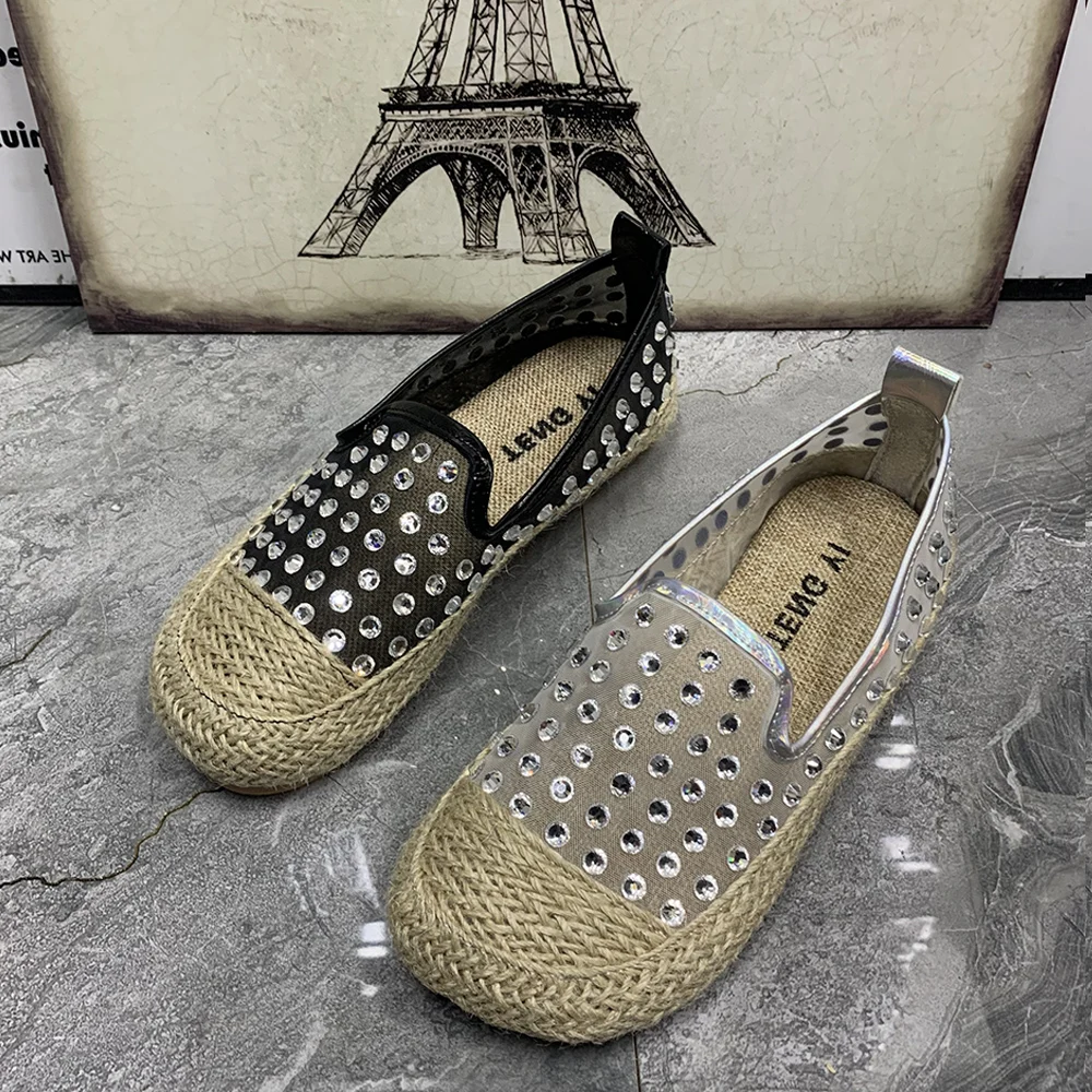 Fashion Women Flat Shoes Rhinestone Gauze Designer Women Loafers Plus Size Casual Female Sandals Summer Mullers