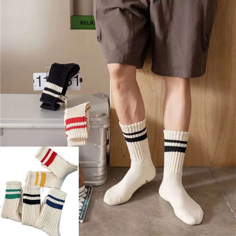 Fashion Unisex Striped Cotton Mid-calf Warm Socks Sweat-absorbent Anti-friction Sports Socks Men Basketball Socks Running Socks