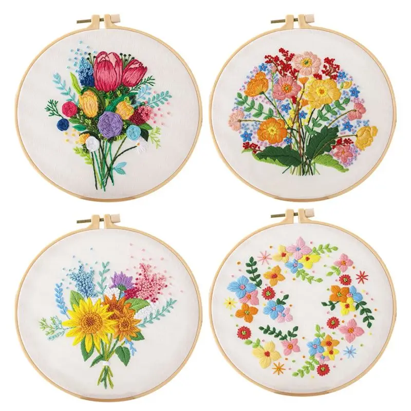 

AEE4-4 Sets DIY Embroidery Kit For Beginners Adults , Hand Embroidery Kit Includes Flower, Hoop, Color Threads, Tools