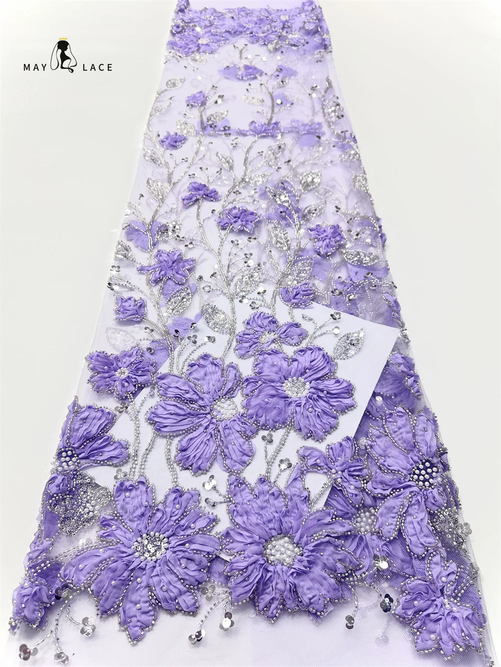 

African 3D Flowers Beads 2025 Latest Hot On Sale African French Party Fabric Tulle Nigerian Sequins Fabrics For Wedding Dress