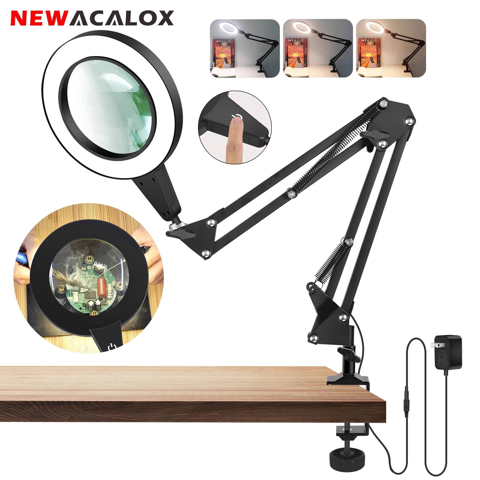 

2024 NEW 110mm Diam 108LED 5X Magnifying Glass EU/US 12V Desk Lamp Illuminated Magnifier with Touch Button for Reading/Repair