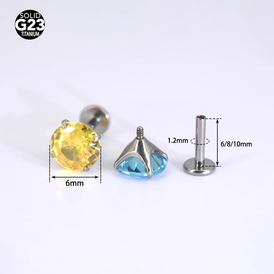 1Pc F136 Titanium  Colorful Zircon Ear Stud Helix Cartilage Tragus Body Piercing Jewelry 6mm CZ Labret Lip Piercing Stud Interna