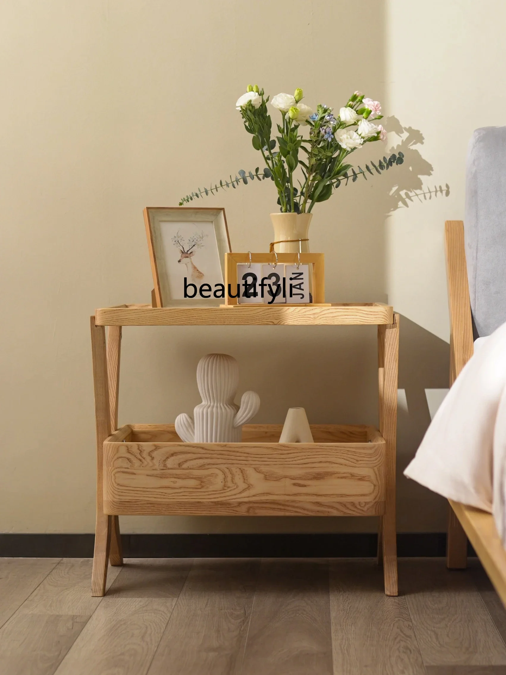 

Solid Wood Bedside Table Nordic Simple Storage Rack Ash Wood Bedside Cabinet Sofa Side Table