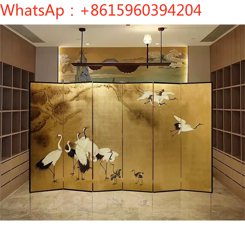 Custom Japanese crane back folded mobile solid wood ancient screen gold foil hand-painted living room background wall