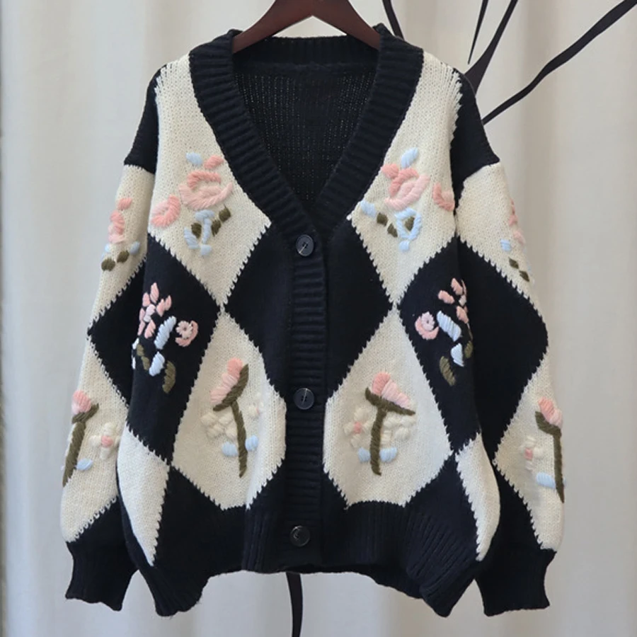 Vintage Sweater Women Long Sleeve Knit Tops Winter Femme Floral Embroidery Clothes Korean Fashion Thick Argyle  Outwear Cardigan