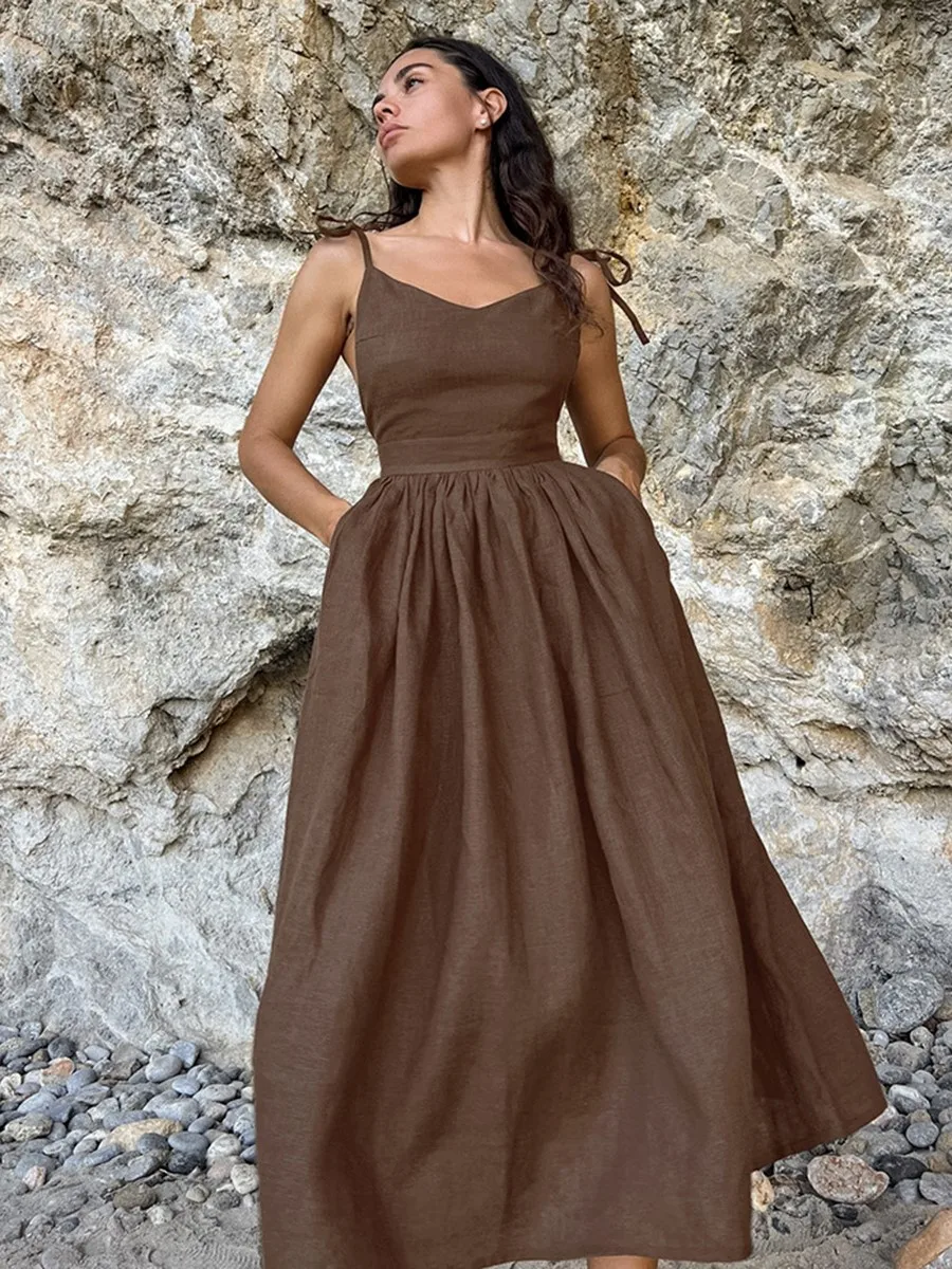 

Vintage Solid Backless Dresses Women 2024 New V Neck Sleeveless Chic Elegant Long Dress Summer Beach Holiday Maxi Dresses Female