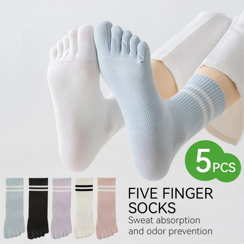 5 Paar Damen-Zehensocken, Fünf-Finger-Socken, atmungsaktiv, bequem, mittellange Socken, elastisch, für Sport, Yoga, Größe 35–40
