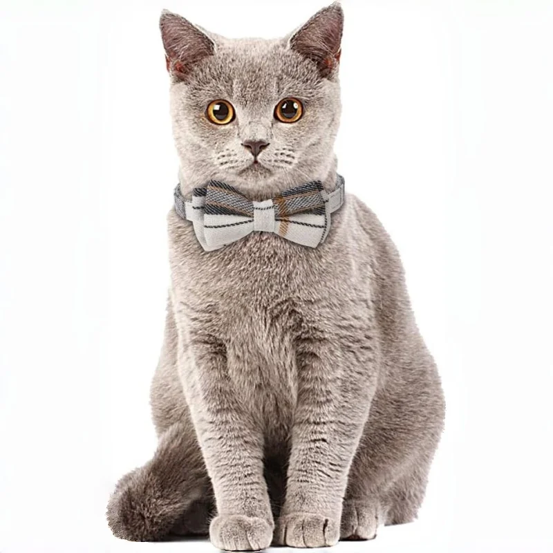 Kariertes Katzen-Halsband mit Fliege, Abnehmbares Katzen-Bandana-Halsband, 2er-Pack | Abnehmbares Bandana mit Schleife, niedlicher Charme, weicher Stoff – Detail 3