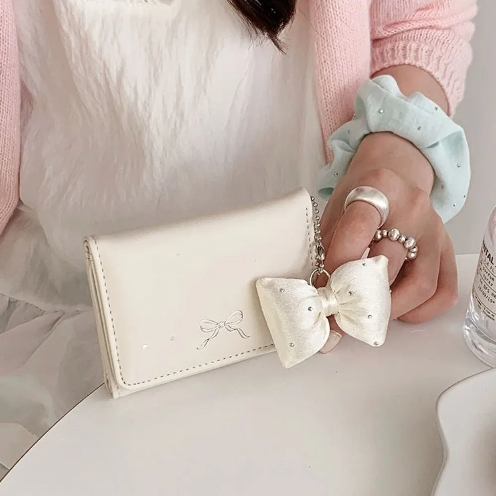 Sweet Pendant Bow Wallet Solid Color Foldable PU Leather Coin Purse Korean Style Multi-functional Mini Card Holder School