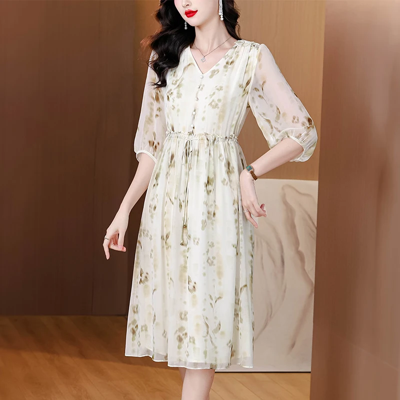 2025 Women's Vintage Print Beach Elegant Evening Dress Spring Holiday Boho Hepburn Vestidos Summer Luxury Silk Casual Midi Dress