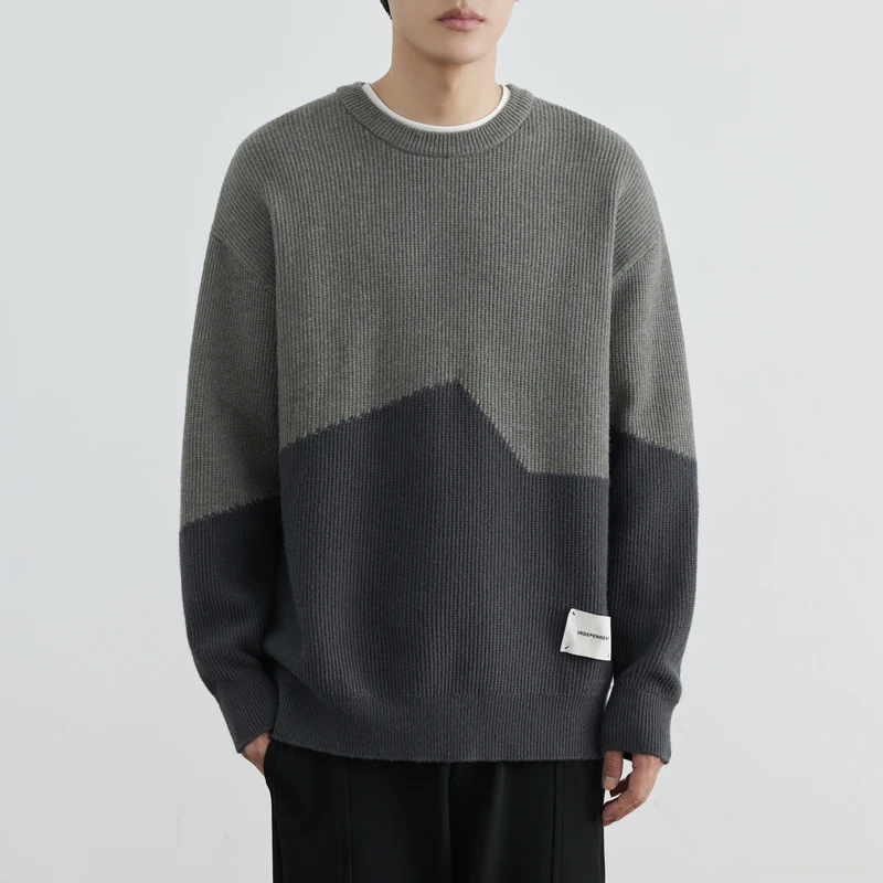 Pullover Sweater Long Sleeve Sweater Men's Gray Geometric Pattern Thickened Thermal round-Neck Autumn and Winter Slightly Loose