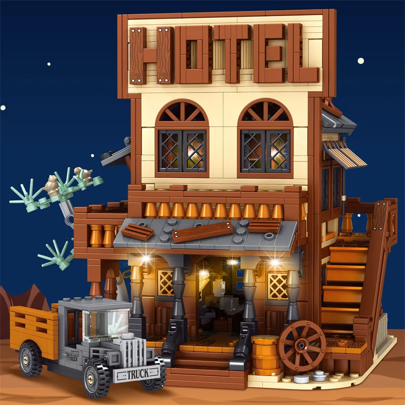 

New JD109 1597pcs MOC Lights-up Western Cowboy Hotel Building Blocks Bricks Assembling Model Toys for Children Birthday Gift Set