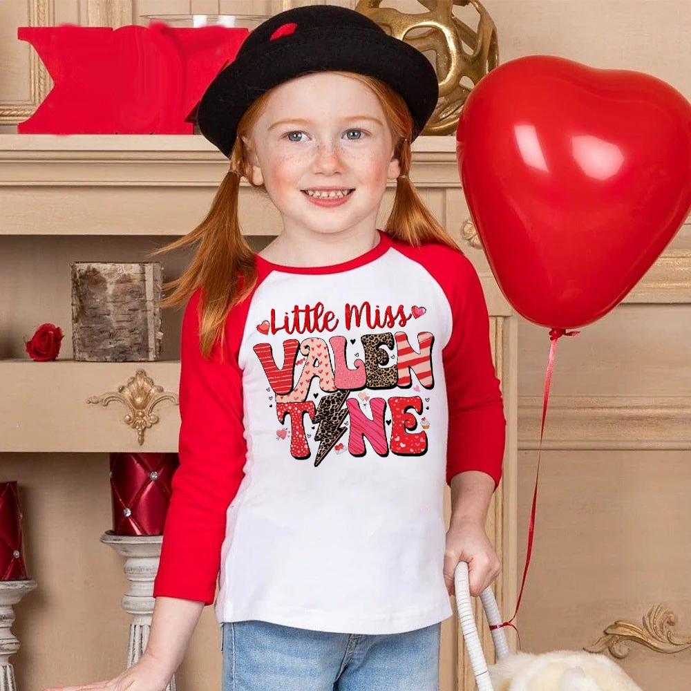 

Little Miss Valentine Print Shirt Kids Raglan T-shirt Children Long Sleeve Clothes Valentine's Day Party Outfits for Girls Boys