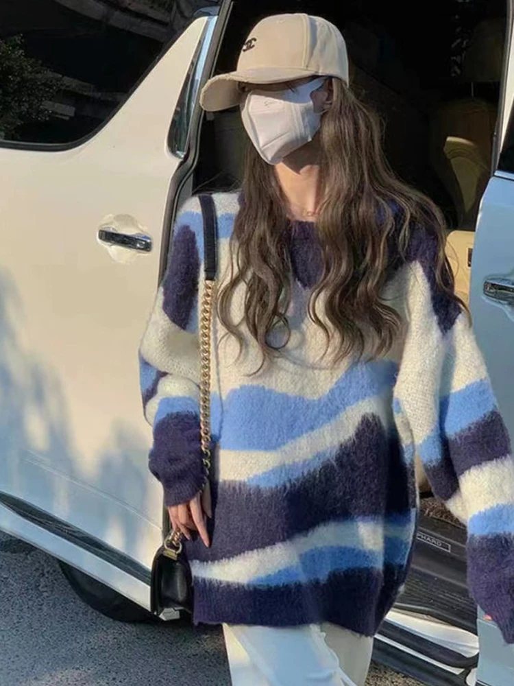 ITOOLIN Suéter de punto a rayas con cuello redondo de fibra de poliéster y cuello alto holgado Retro de otoño para mujer