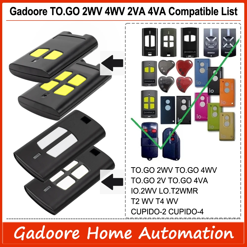 Gadoore TO.GO 2VA 4VA 2WV 4WV Garage Door Remote TO.GO 2VA TO.GO 4VA 433MHz Compatible with BENINCA TO.GO 2V 4VA 2WV 4WV