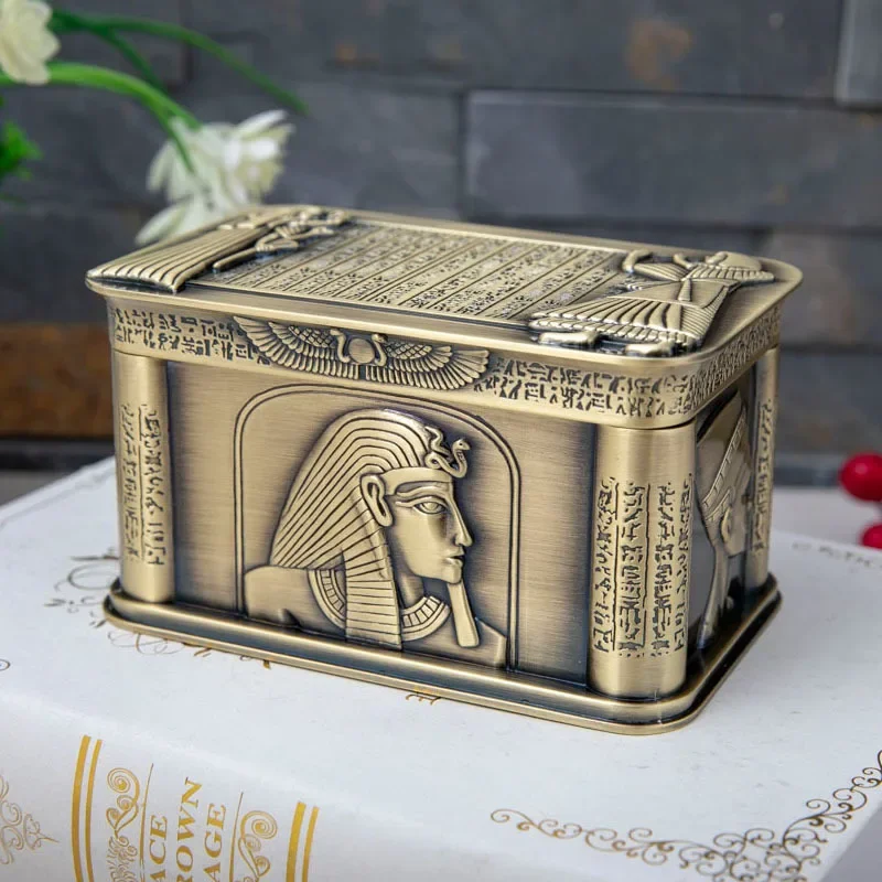 Vintage Egyptian Pharaoh metal embossed jewelry box Egyptian Gift Storage box Pet cat dog urn coffin box Human mementos